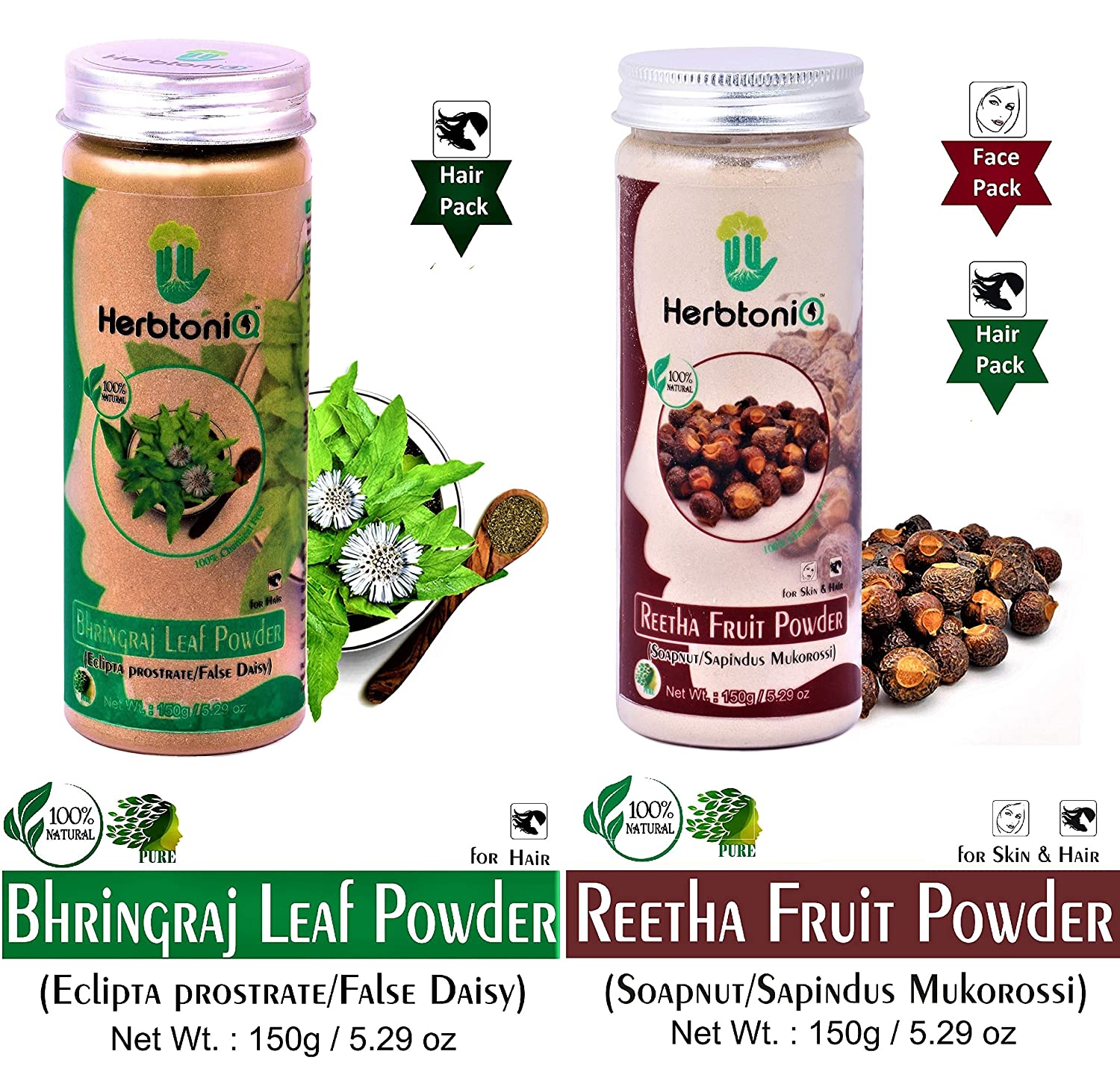 HERBTONIQ 100% Natural Bhringraj Leaf Powder (Eclipta Prostrate/false  Daisy) And Reetha Fruit Powder (Soapnut/sapindus Mukorossi) For Hair Pack ( Pack of 2, 150g x 2 = 300g) ▻ HerbtoniQ