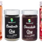Herbtoniq Natural Sandalwood Powder 150 g, Bentonite Clay Powder, Chocolate Clay Powder and Rose Petals Powder for Skin and Hair Care, Fairness, Acne-Spot Treatment - Pack of 4
