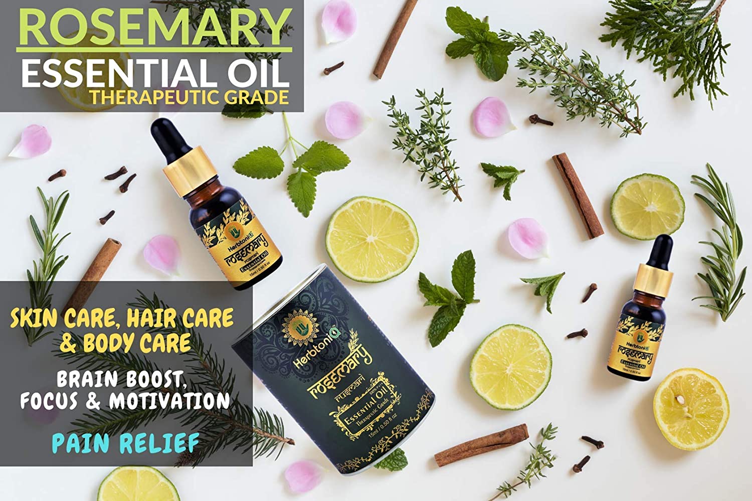 Image featuring Rosemary essential oil bottle labeled as 'Rosemary essential oil (Therapeutic Grade)