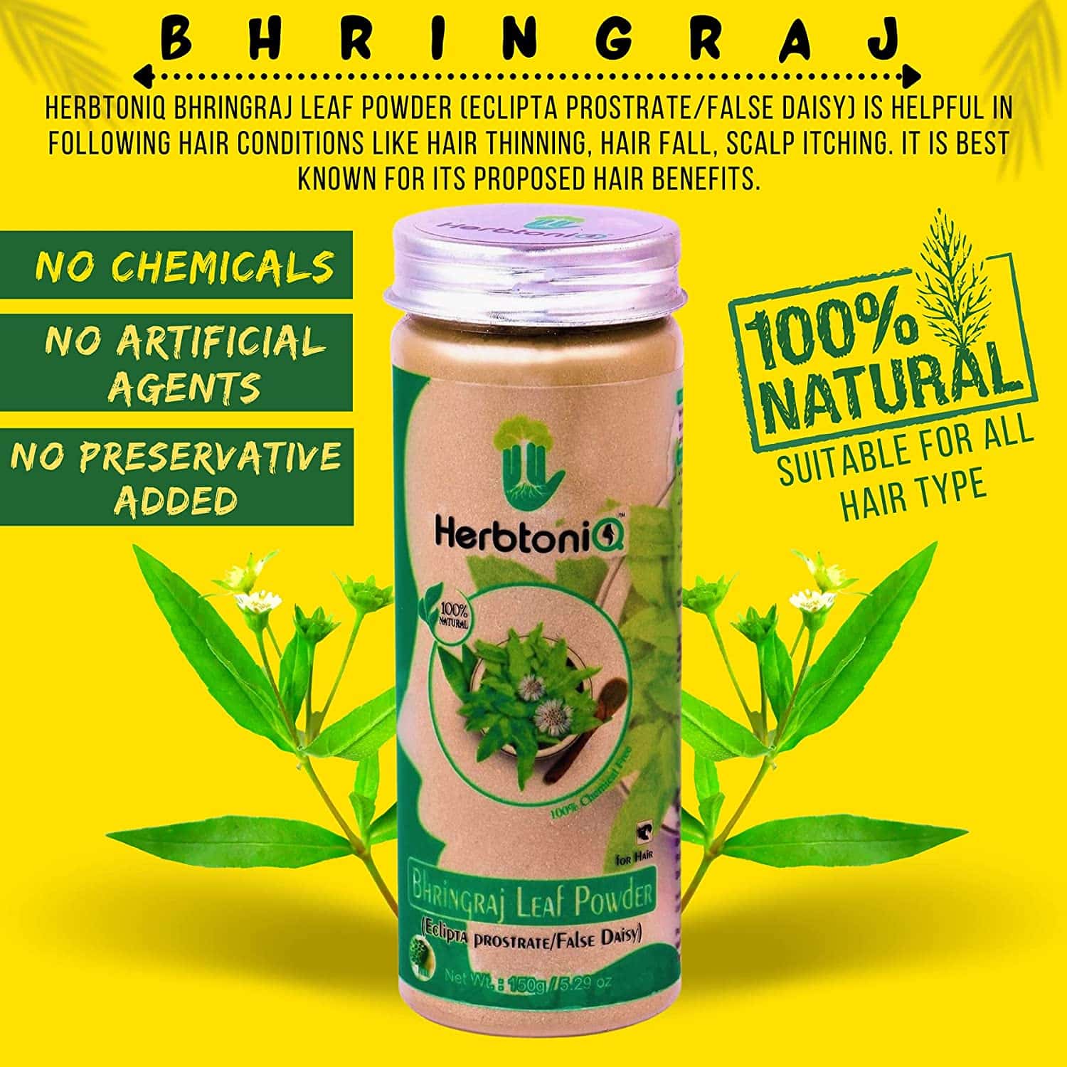 HerbtoniQ 100% Natural Bhringraj Leaf, Harad, Hibiscus and Curry Leaves  Powder for Dandruff, Frizzy Hair, Damaged Hair, Intensive Hair Care Pack  (600 Gram) ▻ HerbtoniQ