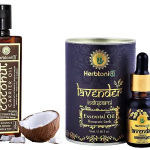 HerbtoniQ Organic Extra Virgin Coconut Cold Pressed Carrier Oil And Lavender Essential Oil Therapeutic Grade For Skin And Hair Care (115ml)