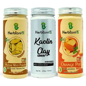 HerbtoniQ 100% Natural Multani Mitti, Kaolin Clay and Orange Peel Powder for Face Pack & Hair Pack (500g)