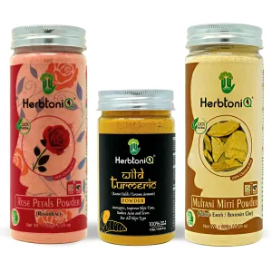 HerbtoniQ 100% Natural Rose Petals, Wild Turmeric (Kasturi Haldi) and Multani Mitti(Indian Healing Clay) Powder For Face Pack (425 Gram)