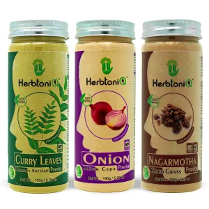HerbtoniQ 100% Natural Curry Leaves, Onion and Nagarmotha Powder for Dandruff, Frizzy Hair, Damaged Hair, Intensive Hair Care Pack (450 Gram)
