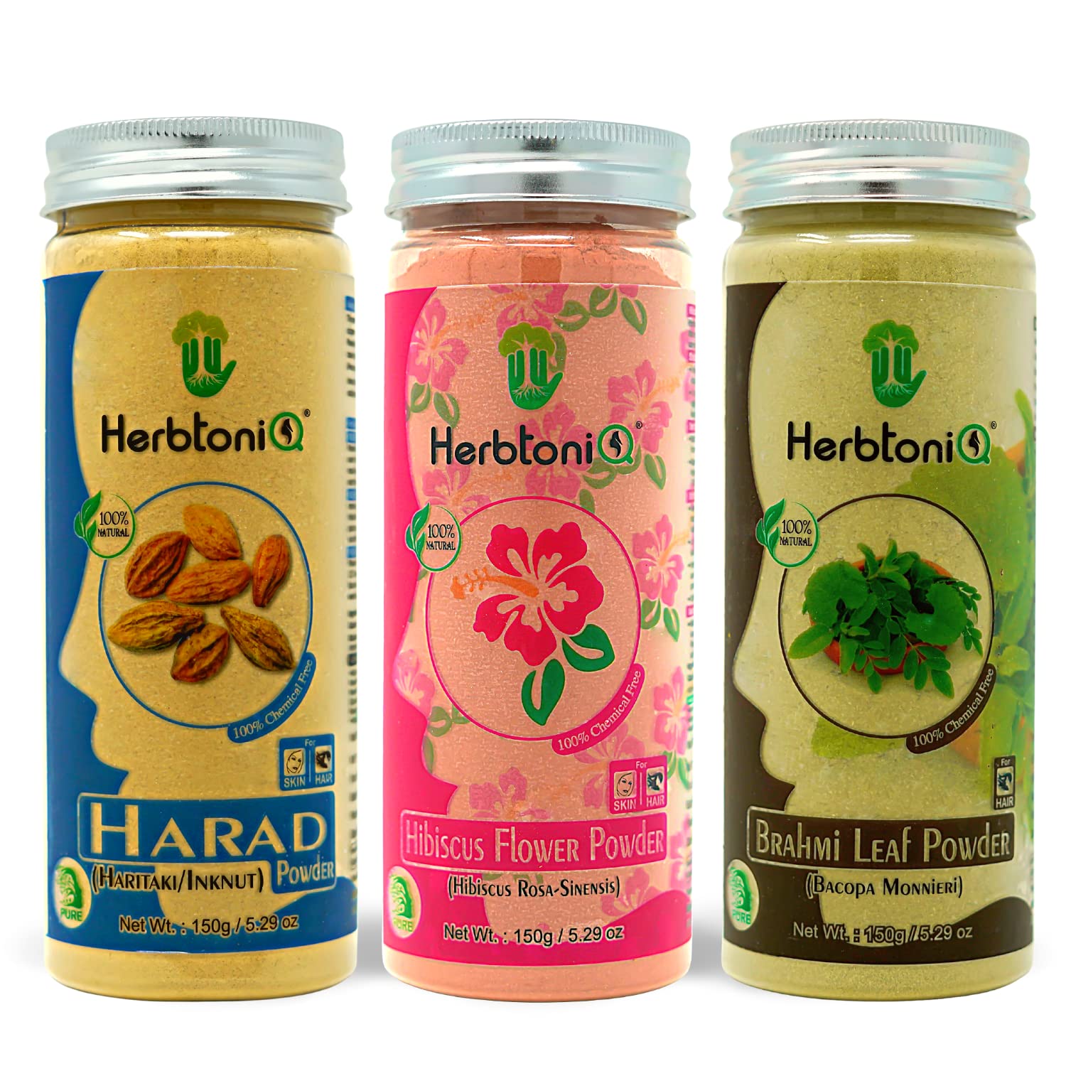 HerbtoniQ 100% Natural Harad, Hibiscus and Brahmi Powder for Dandruff, Frizzy Hair, Damaged Hair, Intensive Hair Care Pack (450 Gram)
