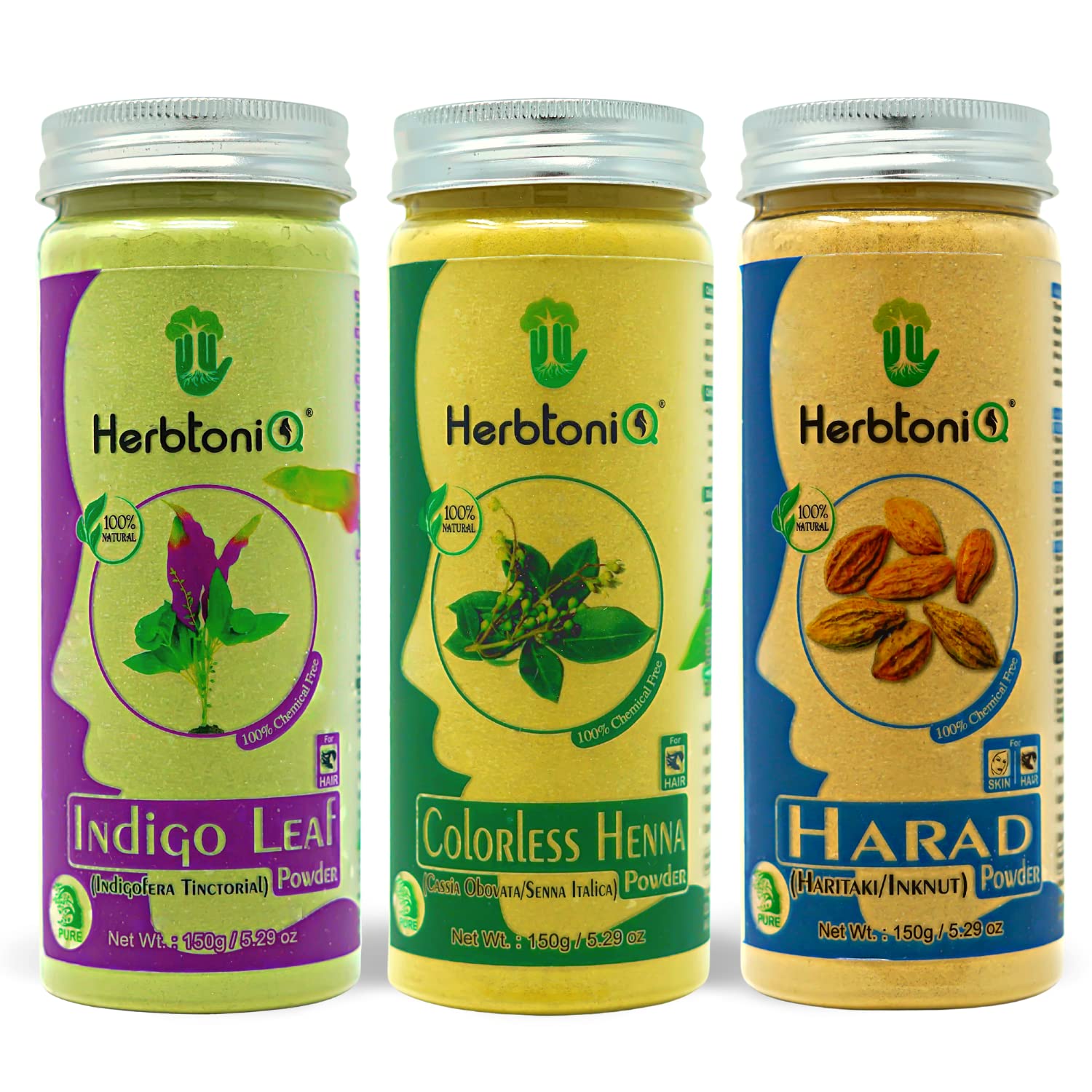 HerbtoniQ 100% Natural Indigo Leaf, Neutral Henna and Harad Powder for Dandruff, Frizzy Hair, Damaged Hair, Intensive Hair Care Pack (450 Gram)