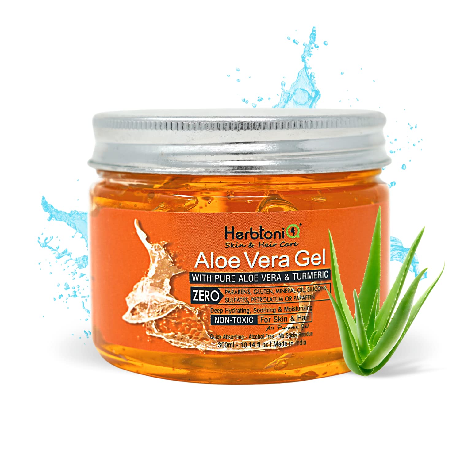 HerbtoniQ Aloe Vera Gel with Turmeric for Face, Body, Hair, Sunburn Relief  (Deep Hydrating, Soothing & moisturizing) Non-Toxic Gel (300 ml) ▻ HerbtoniQ