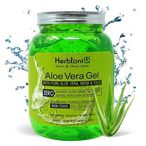 HerbtoniQ Aloe Vera Gel with Neem and Tulsi for Face, Body, Hair, Sunburn Relief (Deep Hydrating, Soothing & moisturizing) Non-Toxic Gel (1000 ml)