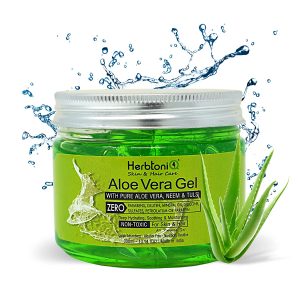 HerbtoniQ Aloe Vera Gel with Neem and Tulsi for Face, Body, Hair, Sunburn Relief (Deep Hydrating, Soothing & moisturizing) Non-Toxic Gel (300 ml)