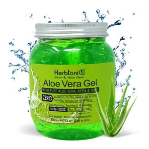HerbtoniQ Aloe Vera Gel with Neem and Tulsi for Face, Body, Hair, Sunburn Relief (Deep Hydrating, Soothing & moisturizing) Non-Toxic Gel (500 ml)