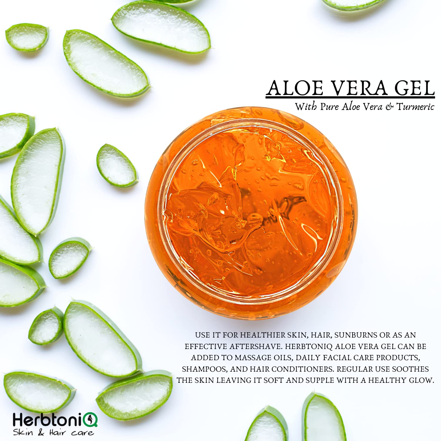 HerbtoniQ Aloe Vera Gel with Turmeric for Face, Body, Hair, Sunburn Relief  (Deep Hydrating, Soothing & moisturizing) Non-Toxic Gel (300 ml) ▻ HerbtoniQ