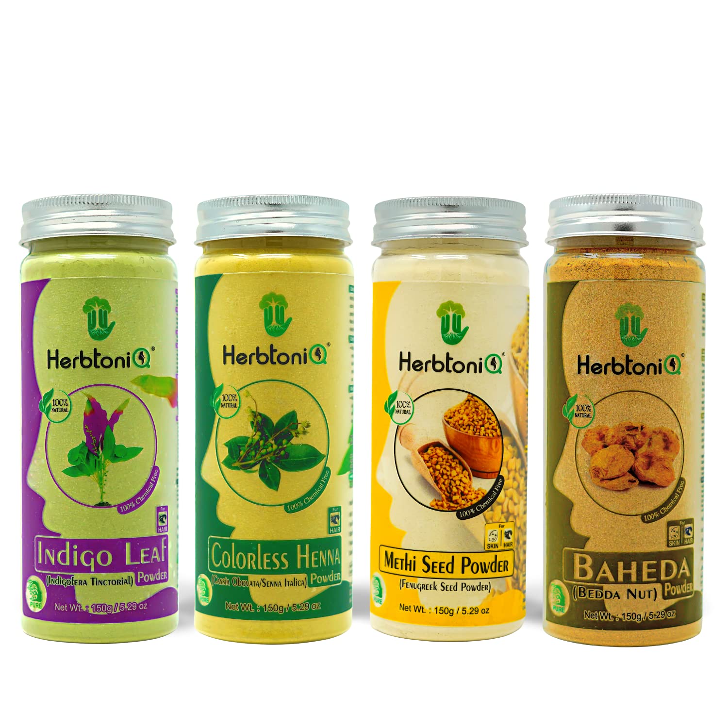 HerbtoniQ 100% Natural Indigo Leaf, Colorless Neutral Henna, Methi and Baheda Powder for Dandruff, Frizzy Hair, Damaged Hair, Intensive Hair Care Pack (600 Gram)