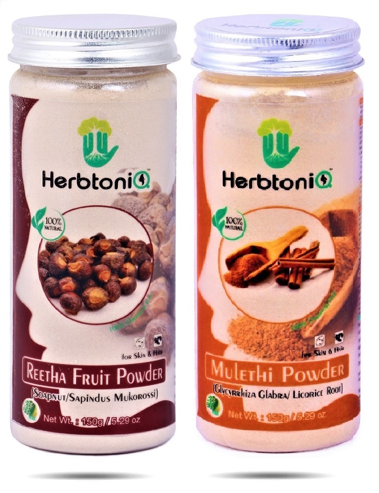 HerbtoniQ 100% Natural Reetha and Mulethi Powder for Dandruff, Frizzy Hair,  Damaged Hair, Intensive Hair Care Pack (300 Gram) ▻ HerbtoniQ